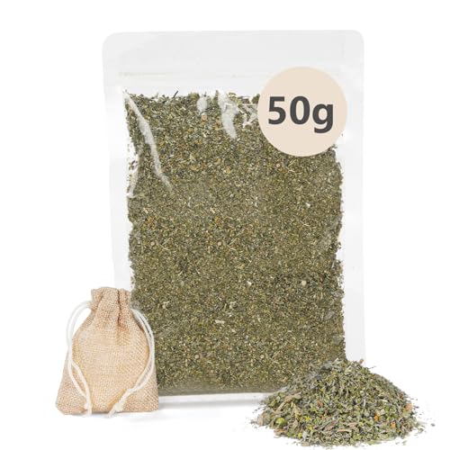 OSDUE Herbe à Chat, 50g Herbe à Chat Naturelle de Qualité Supérieure, Herbe Aux Chats Rend Votre Heureux, Stimulante et Digestive, a Utiliser Encas pour Le Chaton, Convient à Tous