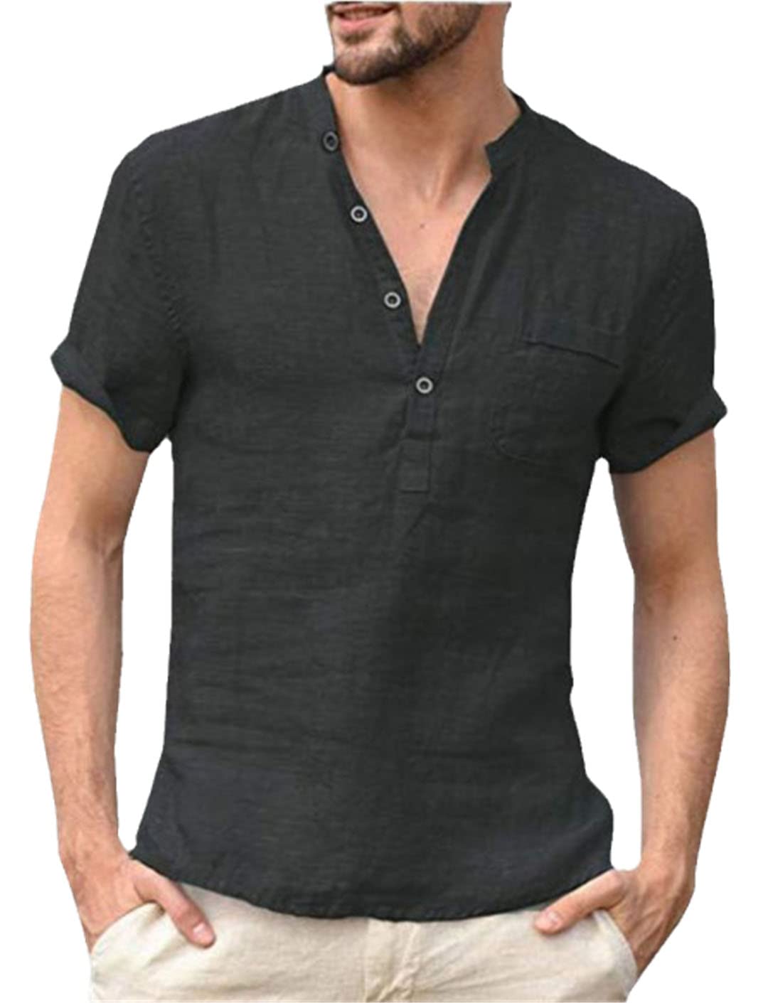 Camiseta de manga corta para hombre, de algodón y lino, informal, para hombre, Negro, M