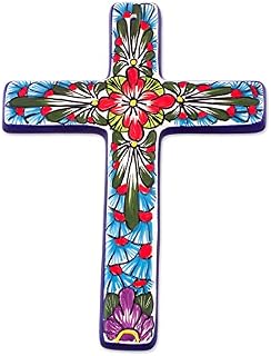 Novica Hand Painted Talavera Large Ceramic Wall Cross, Multicolor, 'Jerusalem Rose