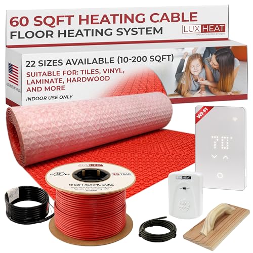 LuxHeat 60sqft Electric Radiant Floor Heating System - 120v Underfloor Heating System - Includes UWG5 WiFi Programmable Thermostat w/GFCI, Tile Uncoupling Membrane, Heater Cable, Sensor & Alarm