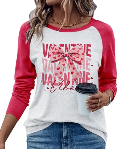 LANMERTREE Valentines Day Shirts Women Long Sleeve Cute Bow Graphic Valentine Shirts Valentines Day Gifts Anniversary Shirt (M, Valentine-Red/Grey)