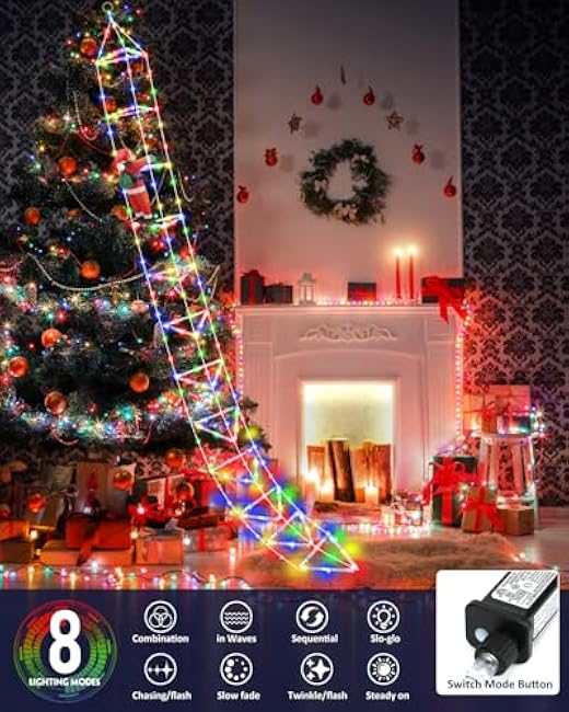 9.8 FT 3D LED Christmas Ladder Lights with Santa Claus, Plug-in Waterproof 8 Modes Outdoor Christmas Decorative Lights for Garden, Home, Wall, Tree Xmas Decor