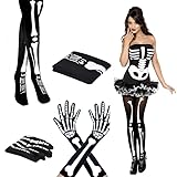 JLJIUBBKX Halloween Skeleton Set - Skull Gloves & Pantyhose Role Play Slim Fit...