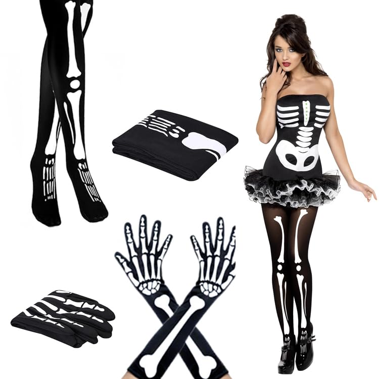 JLJIUBBKXHalloween Skeleton Set - Skull Gloves & Pantyhose Role Play Slim Fit Women's Sexy Skull Clothing