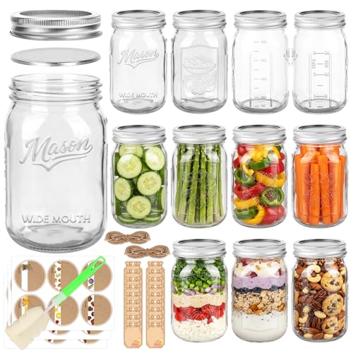 Wide Mouth Mason Jars 32 oz, 12 Pack Quart Canning Glass Jars with Embossed Measuring Markings & Airtight Lids - for Pickling, Fermenting, Meal Prep, Food Storage, Pantry Organization & DIY Gifts