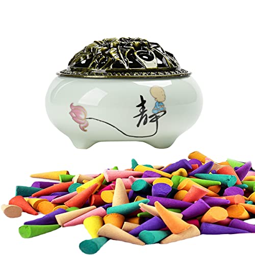 Counius 1 pieza Quemador de incienso y 65 piezas de conos de incienso,incensario de cerámicasoporte de incienso para incensario con cubierta de metal para la decoración del hogar de la sala de lectura Cover