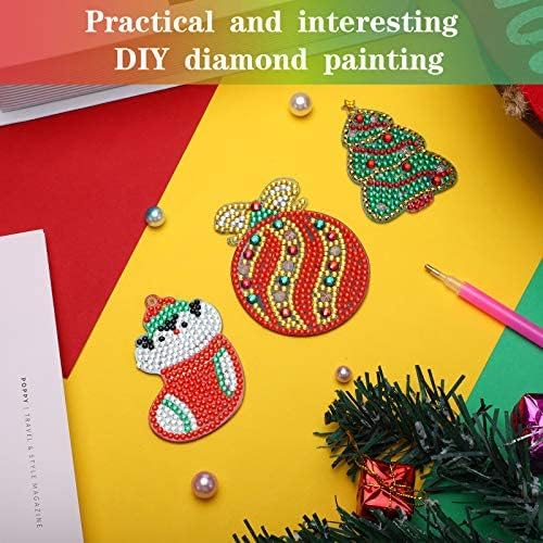 16 Pieces Christmas DIY Diamond Key Chain Double Side Christmas 5D Painting Pendant Round Drill Key Chain Pendant for Christmas Arts Craft Accessories, 16 Styles