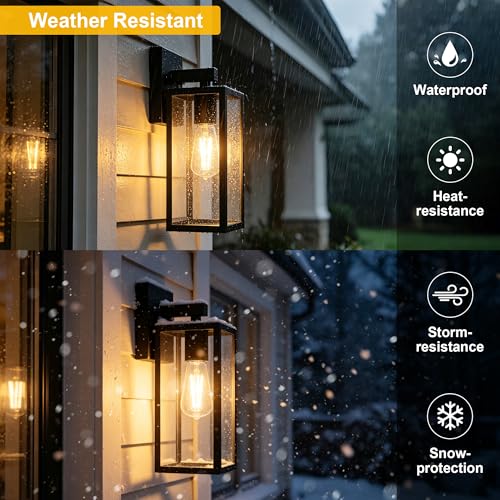 Image of Kalium Porch Lights Outdoor Wall Light Fixture 2pcs, Matte Black, Wall Sconce 12.4 in, Toughened Frame, Clear Glass Shade, Waterproof Lanterns, for Patio, Exterior, Front, Door, Entryway