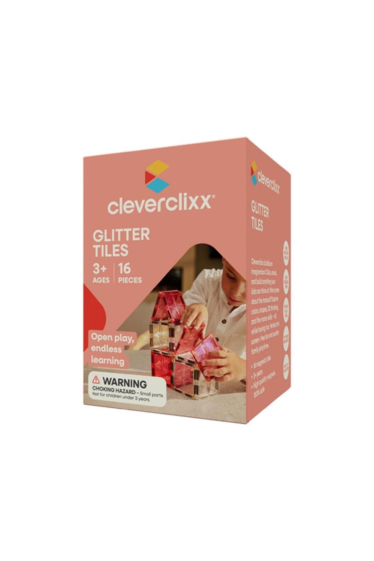 Glitter Tiles Pack przezroczyste różowe, 16 elementów, magnetyczne błyszczące klocki, zabawka edukacyjna bez substancji szkodliwych, trwała zabawka magnetyczna, zestaw z możliwością