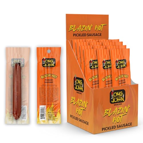 Long John Snacks Blazin' Hot Pickled Sausage - Smoked Gourmet Meat Stick - Hot Pickled Sausages High Protein Snack - Premium USA Pork and Beef Sticks - Low Carb, Gluten-Free, Keto - 12 Pack