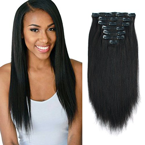 Lovrio Yaki Straight Real Remy Clip in Hair Extensions 9A Grade 100% Virgin Brazilian Hair 7 Pieces Double Weft Full Head Natural Black (1 to 2)Color for Black Women YK 14 inch