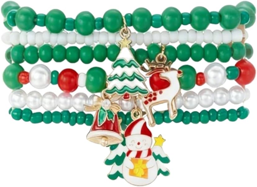 Blue Drop Christmas Bracelets for Women Elk Santa Claus Snowflake Christmas Tree Bell Beaded Stackable Bracelets Xmas Party Jewelry Gifts
