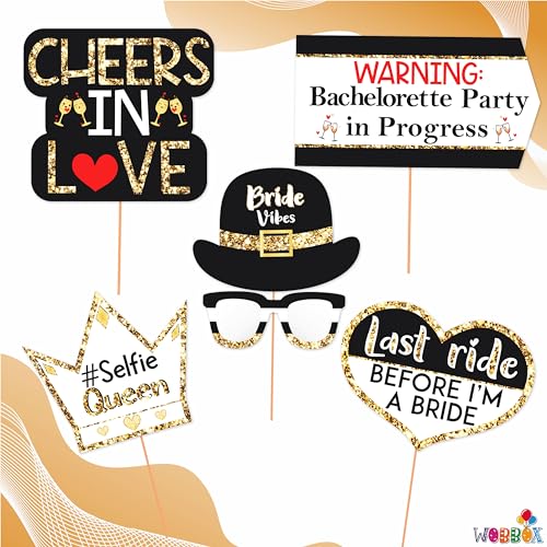 Image of WOBBOX Bachelorette Party Photo Booth Props for Bride & Groom, Bridal Shower Props, Bachelorette Party Decoration, Bride to be Party Decorations Items- Black & Golden Glitter