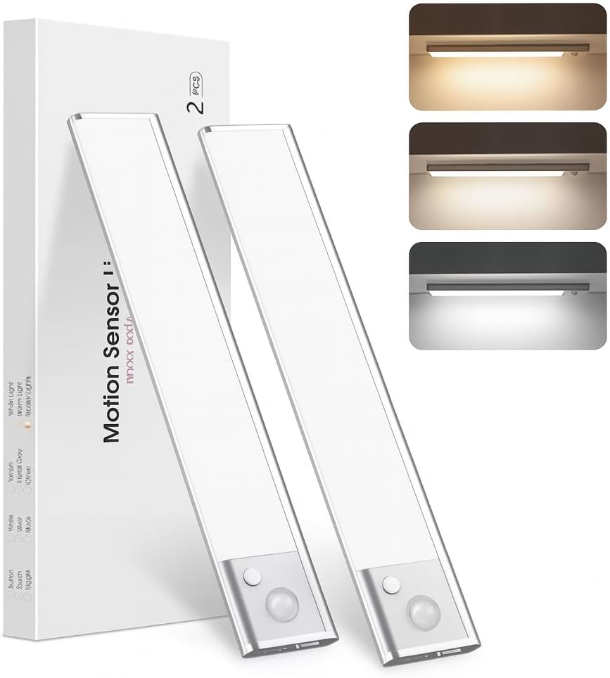 Under Cabinet Lighting 16 Inch, 2 Pack Rechargeable LED Motion Sensor Lights, Dimmable, USB-C, 3 Color Temperature, Magnetic Wireless Closet, Kitchen, Wardrobe Lights