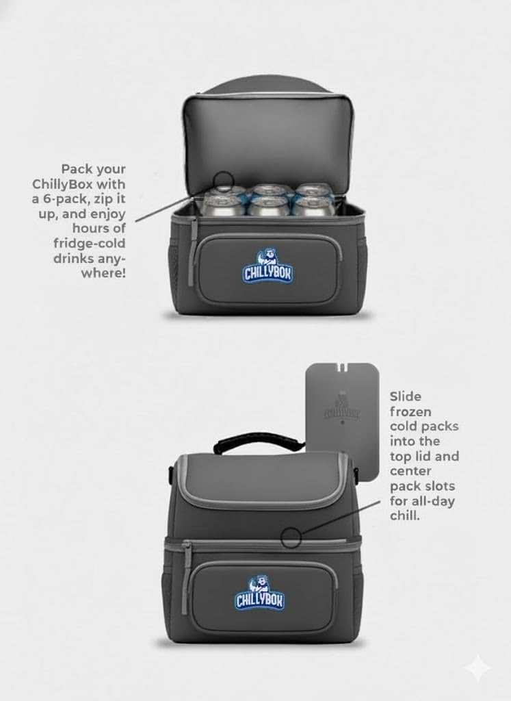 Chillybox XL Patented Lunch Box Cooler with Reusable Cooling Tray, Versatile Sealable Plastic Container - Lunchbags for Men and Women - Perfect for Worksites, Hiking, and Beach Days (Black)