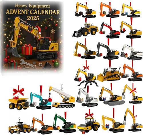 Advent Calendar for Heavy Equipment 2025, 24 Die-Cast Machines, Miniature 2D Construction Vehicle Advent Calendar, from Excavators and Bulldozers to Dump Trucks and Cranes, for Boys and Girls