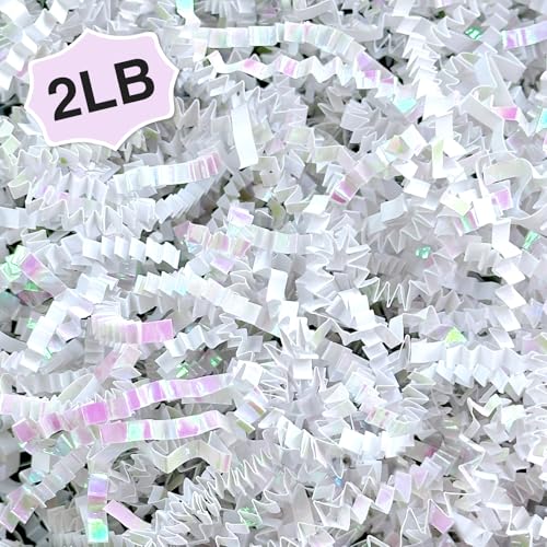 Corlcol 2LB Iridescent Crinkle Paper Shred Filler for Gift Box Bag and Basket On Holidays(Diamond White)