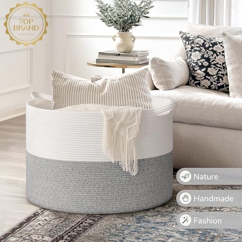 Image of INDRESSME 115L Extra Large Blanket Basket, Soft Cotton Rope Storage Basket for Organizing, Home Decor, Toys, Laundry & Towels, Toy Storage Organizer for Living Room & Nursery, Light Grey