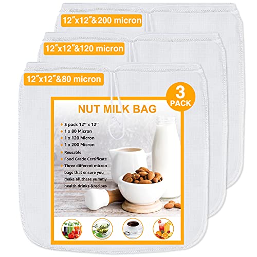 Nut Milk Bag 3 pack 80&120&200 Micron Reusable Mesh Strainer Bag for Nut Milk Juices Cold Brew Coffee Yogurt All Purpose Food Strainer 12''12'' Food Grade Nut Bags With Strong Fine Nylon