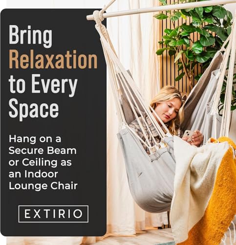 Image of Hanging Hammock Chair Swing - Hanging Chair Outdoor & Indoor - Hammock Swing Chair - Quick & Easy Setup with Hardware Kit - Durable & Spacious Full Body Support with 2 Plush Cushions - Holds 440 Lbs
