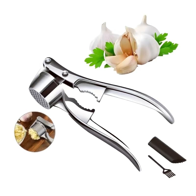 Schiaccia Aglio, Spremiaglio in Acciaio Inox, completa di Pelapatate in Silicone e Spazzola di Pulizia, Spremi Aglio Spremi L’Aglio e lo Zenzero Senza Fatica