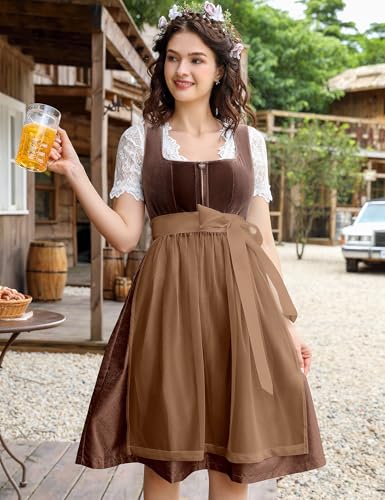 GloryStar Women\'s German Dirndl Dress Costumes for Bavarian Oktoberfest Carnival Halloween Brown-velvet S