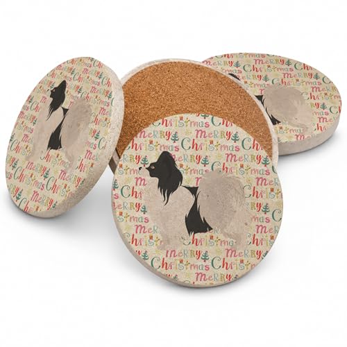 Caroline's Treasures Papillon #2 Merry Christmas Large Sandstone Coasters Pack of 4 Absorbent Round Coasters Decor Gifts for Men or Women, 4 in, Multicolor