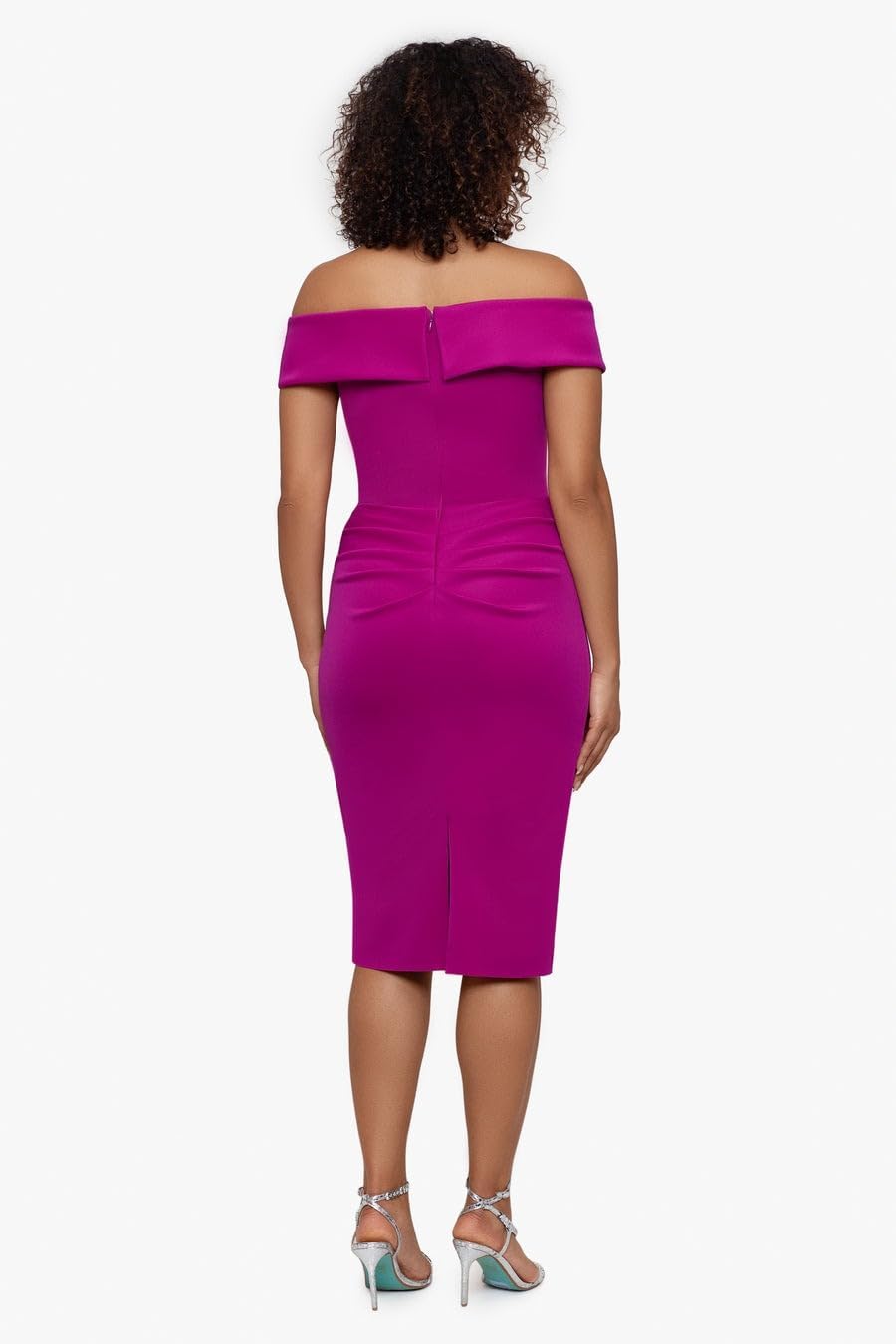 Xscape Women's Xscape Women's Knee-Length, Off-The-Shoulder, with Ruffled Side Detail and Fitted Silhouette