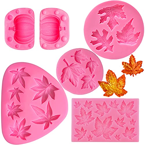 5 x herbstliche Ahornblätter-Silikon-Formen für Fondant, 3D-Kürbis, Schokolade, Süßigkeiten, Blütenpaste, Cupcake-Topper-Form für Thanksgiving, Herbst, Polymer-Ton, Bastelprojekte Cover