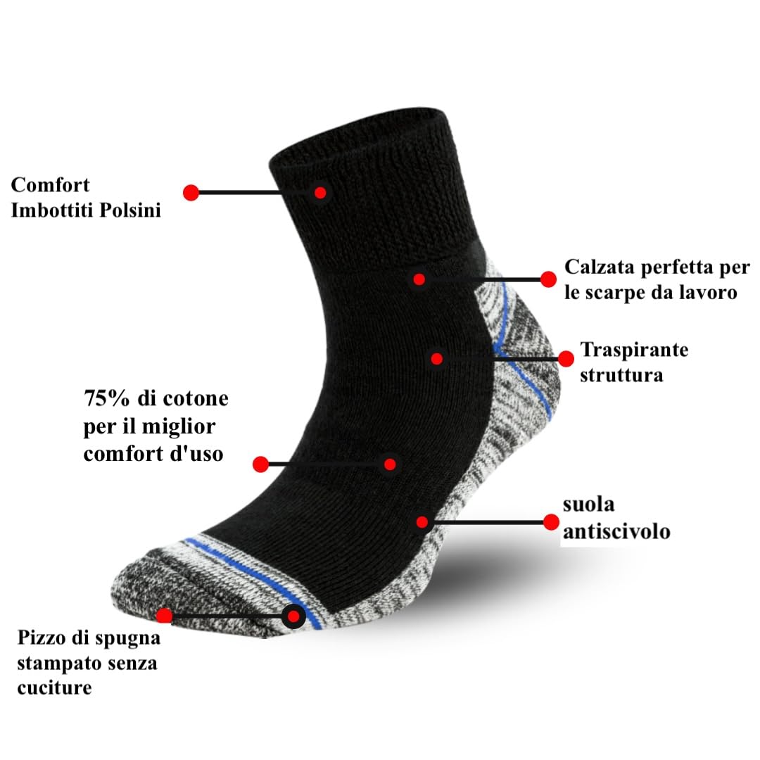 Metrium 6 paia di calzini corti da uomo da lavoro da uomo 39 – 42/43 – 46 calzini da lavoro resistenti e anti-foro. Traspiranti extra forti in spugna.