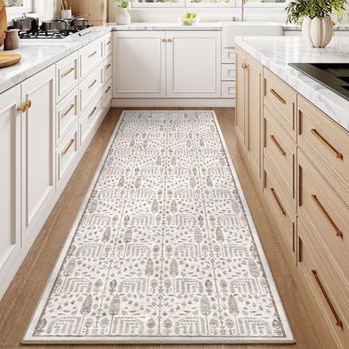 PureCozy Runner Rug 2x8 Sage Green Hallway Washable Vintage Distressed Kitchen Carpet Non Slip Neutral Low Pile Retro Floral Farmhouse Long Throw Rug Entryway Bathroom Office Laundry Dining