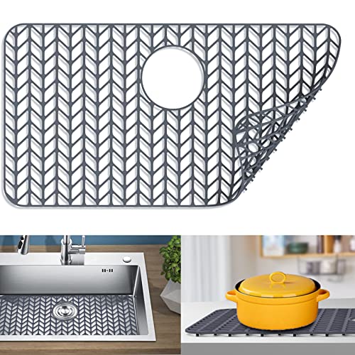 Silicone Sink Mat 26”X14”, Jiubar Sink Protectors For Kitchen Sink,Silicone Sink Mat,Sink Mat Grid For Bottom Of Farmhouse Stainless Steel Porcelain Sink With Rear Drain.(Grey) #TOP8