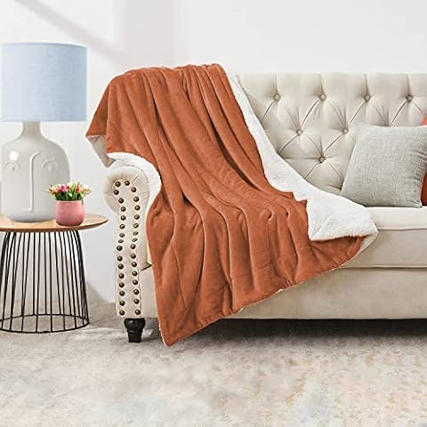 My Home Store Sherpa Fleece Blanket Double Size - Thick Bedding Double Sided Flannel Soft Microfiber Fluffy Faux Fur Reversible Solid Throws, Orange,150 x 200cm Cover