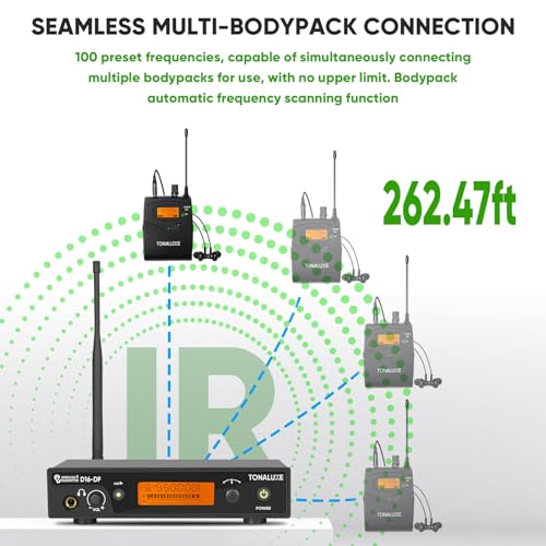 Image of Wireless in Ear Monitor System, PRO UHF IEM System Mono with Metal Rack Mountable Transmitter, 1 Bodypack Receiver with Earphone, 100 Adjustable Frequencies, 262ft Operation for Singers Bands