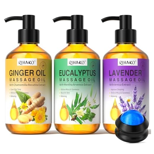 Set de aceites de masaje para terapia de masaje, drenaje linfático, aceite de jengibre, aceite de lavanda, aceites de masaje de eucalipto para músculos doloridos y bola de masaje, 3 x 100 ml