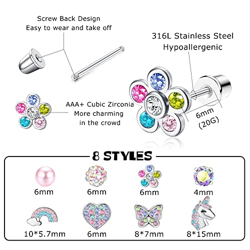 Cassieca 8 Pairs Hypoallergenic Screw Back Earrings For Girls Women 316L Stainless Steel Cz Pearl Heart Flower Turtle Butterfly Stud Earrings Jewelry Gift Women Girl #TOP1