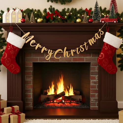 VitalCozy Metal Merry Christmas Banner Brass Finish Rustic Garland
