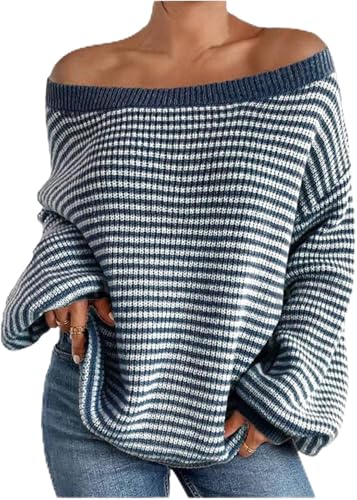Womens Fashion Off The Shoulder Sweater, Striped Off-The-Shoulder Pullover Sweater, Knit Top Casual Loose Long Sleeve