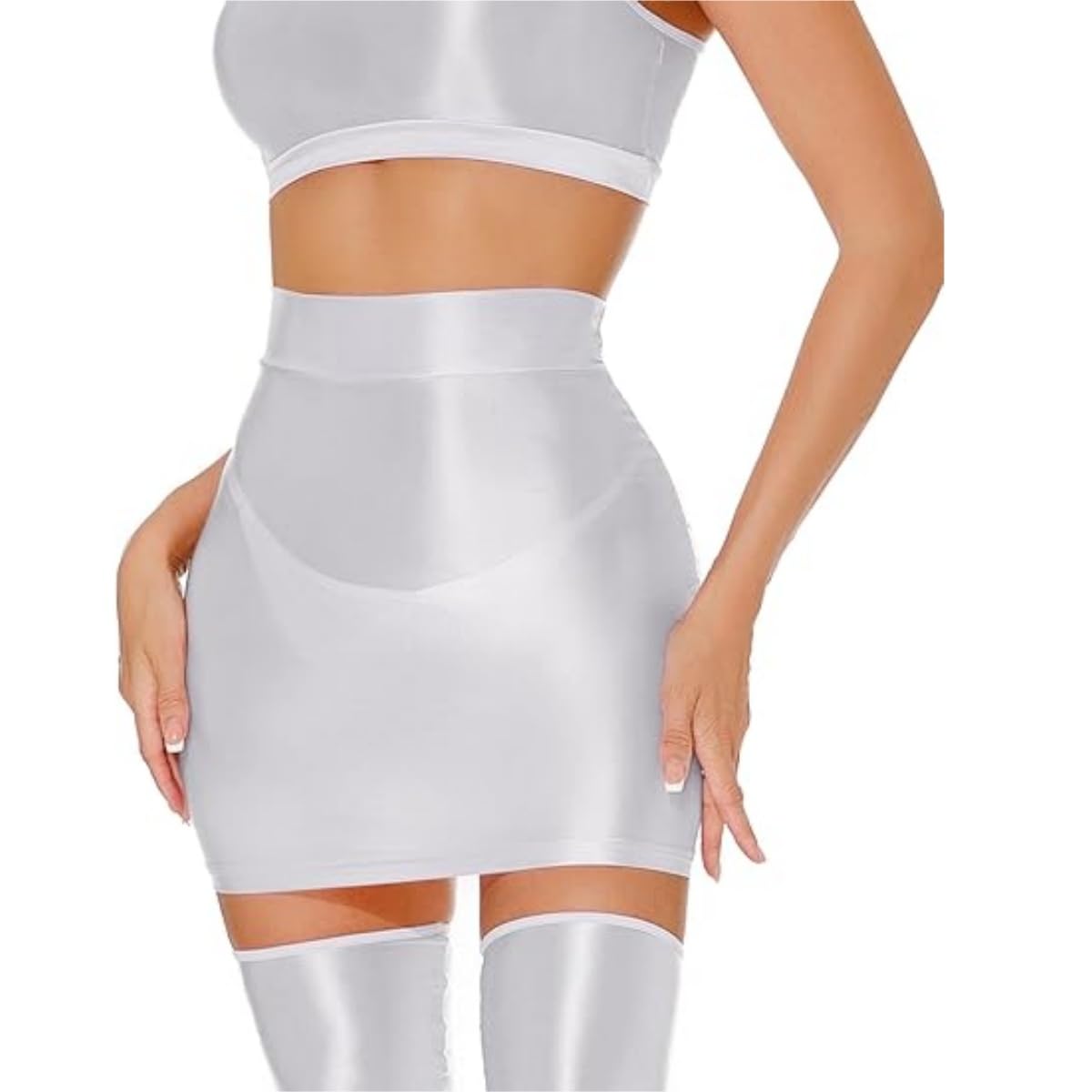 Hybursky Women's White Glossy Mini Skirts, Sexy Shiny High Waist Bodycon Pencil Skirt, Sheer See Through Slim Fit Plain Hip Short Skirts, Elastic Wet Look Neon Hot Skirt Slips For Rave Party Nightclub Clubwear