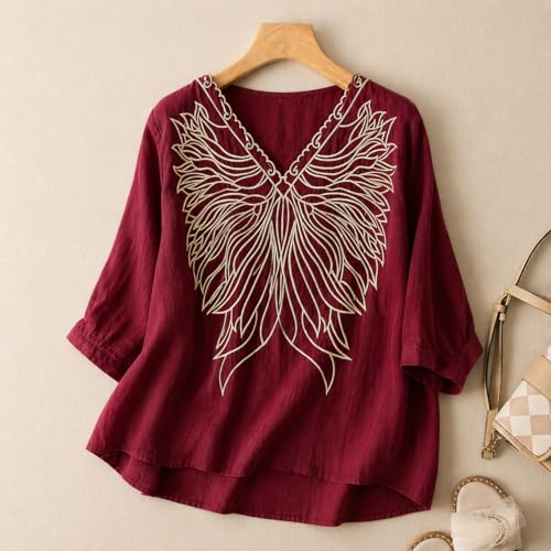 Image of RIEKA Women's Embroidered Top for Women, Maroon V Neck Rayon, 3 /4 Sleeve Casual Loose Fit Tunic, Boho Blouse for Women, Korean Style