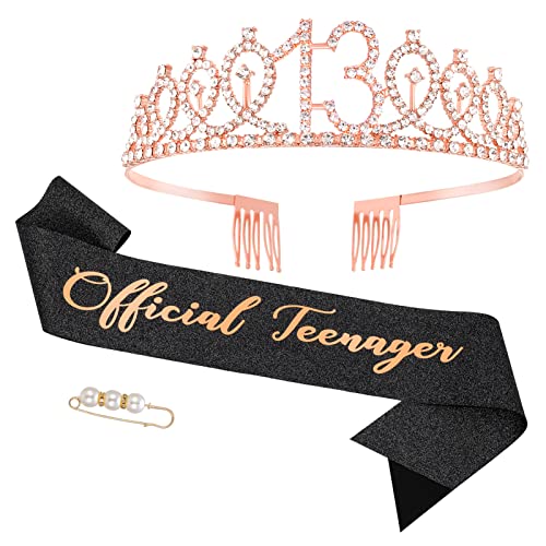 Fanshiontide 13.Geburtstag Schärpe und Geburtstagskrone Roségold 13 Krone Strass Tiara & Official Teenager Geprägter für 13 Geburtstag Mädchen Alles Gute zum 13. Geburtstag Party Deko Supplies