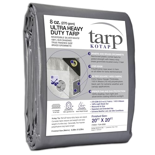 Kotap 20 x 20 Ft. Ultra Heavy-Duty Protection/Coverage Tarp, Superior Weave for Greater Longevity, 16-mil, Reversible, Multi-Use, Waterproof, Silver-White, 1-Pack (TUH-2020)