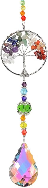 Chakra Healing Crystal Stone Sun Catchers for Windows, Tree of Life Tandem Natural Quartz Gemstone Pendant Rainbow Maker Suncatcher, Spiritual Gifts for Women