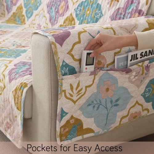 Image of Printed Quilted Sofa Mat for 3 Seater - Floral Design Slipcover with Armrest, Pockets on Both Sides, Fully Covered Sofa Protector - Multicolor