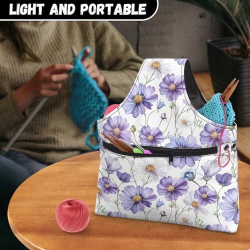Image of KUIFORTI Purple Flower Knitting Tote Bag Yarn Bag Lightweight for Crocheting on The Go, Travel Project Wrist Storage for Knitting Needles, Crochet Supplies Portable