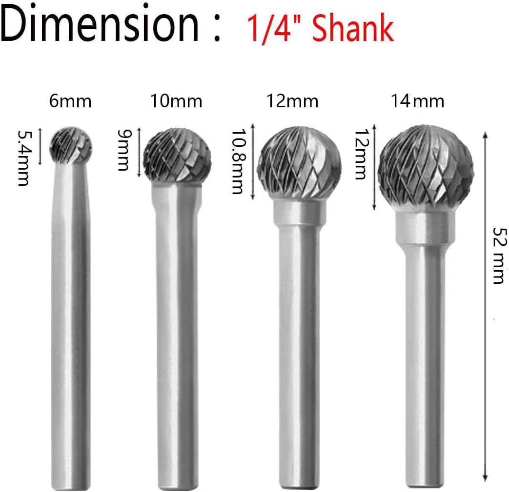 1/4'' Shank Carbide Burr, Double Slot Round Ball Shape Aluminum Cutting Carbide Ball Burs for Drill, Rotary Tools （ DX Type