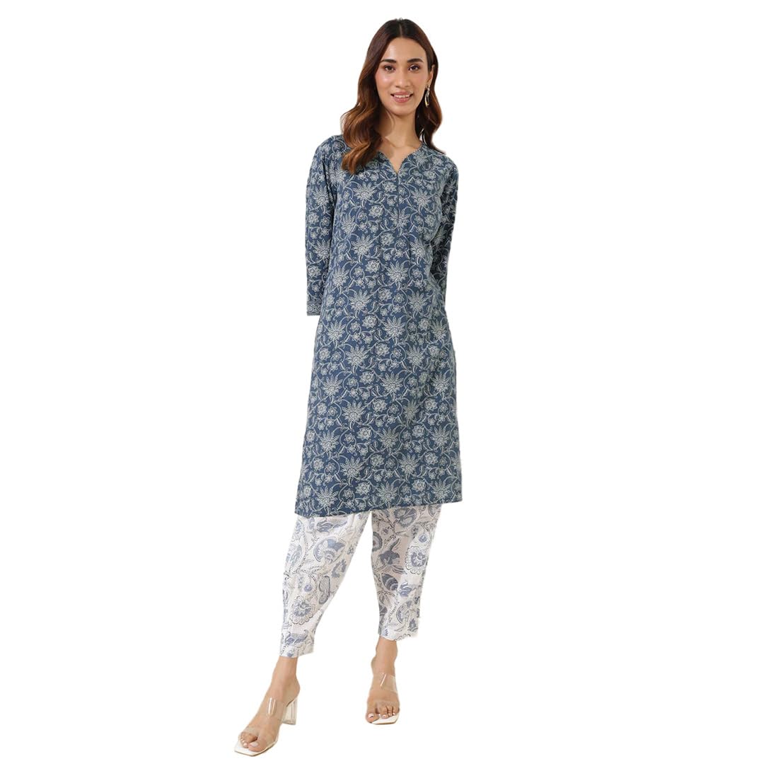 Fabindia Women's Cotton Printed Regular Kurta (1037328Indigo_Indigo