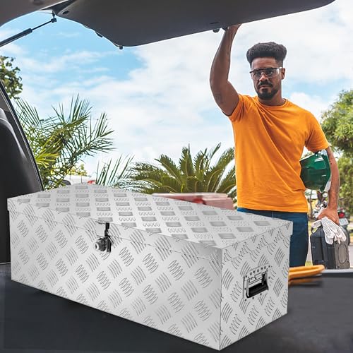 Froadp Aluminium Kiste mit Deckel, 990x330x254 mm Alubox Werkzeugkiste abschließbar, wasserdichte Alu Transportbox für Werkzeuge, Camping & Aufbewahrung (Silber)