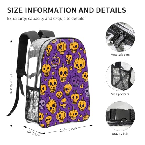 pumpkin Skeleton Bone Print Work Travel Stadium Events Transparent Backpack PVC Clear Bag Large Side Pockets4