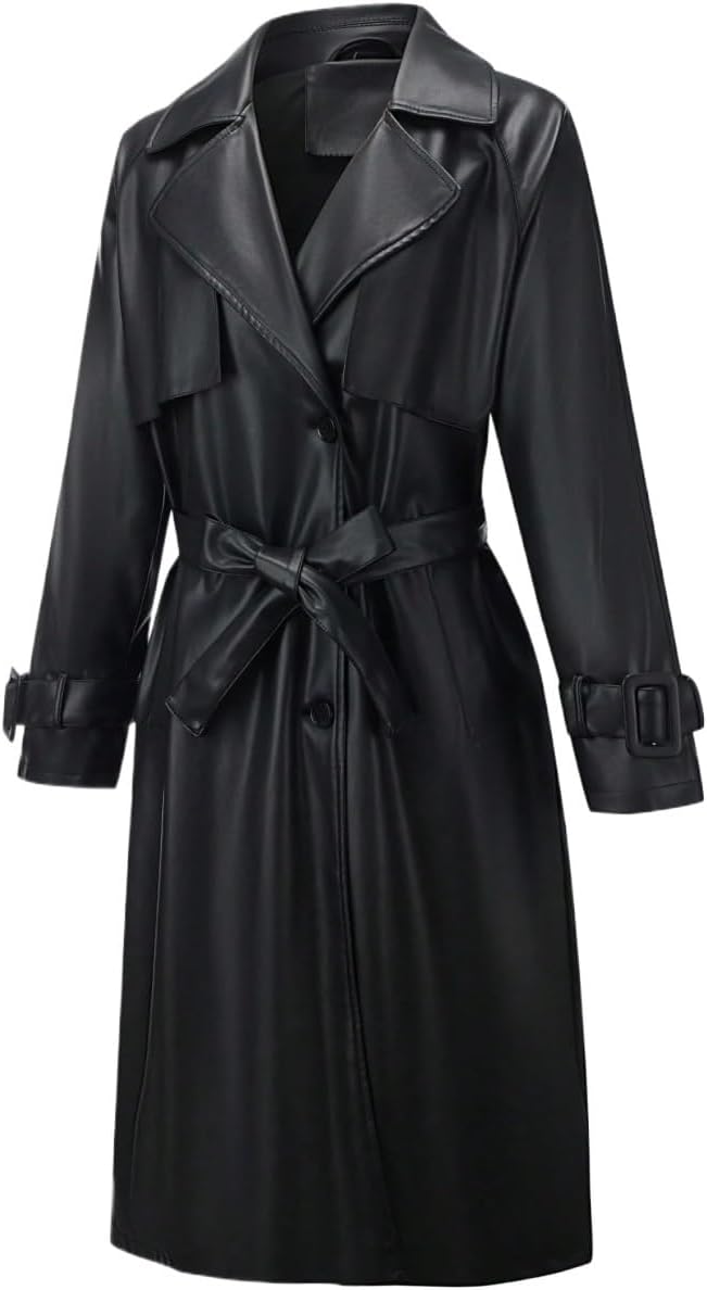 Women's Winter Fashion PU Long Jacket Trench Coat Trench Coat